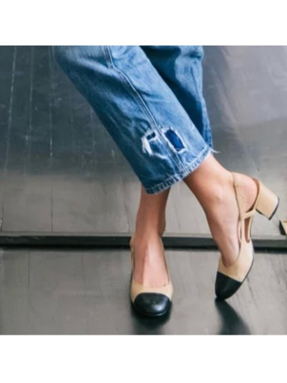 FS/NY French Sole Beige Black Cap Toe Leather Slingback Block Heel Pumps 8.5 B